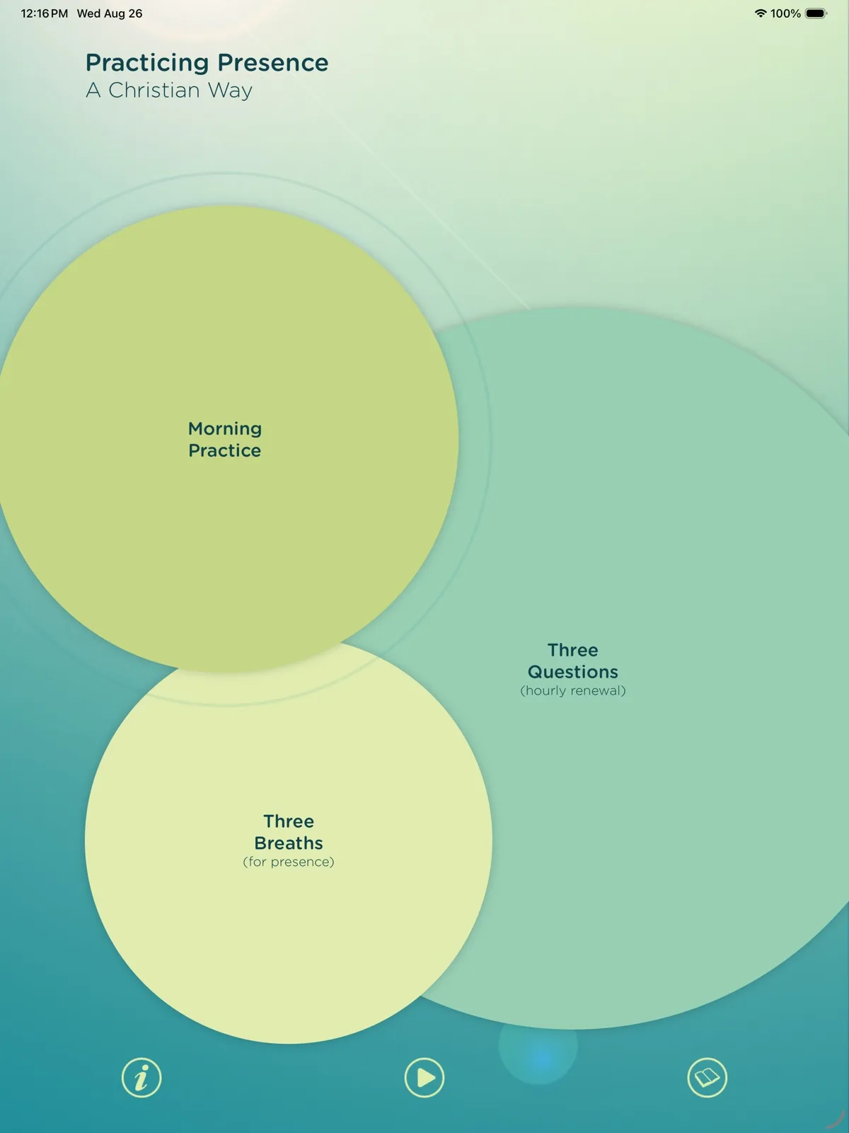 The Practicing Presence home screen on an iPad, with the practice circles laid out across the wider display