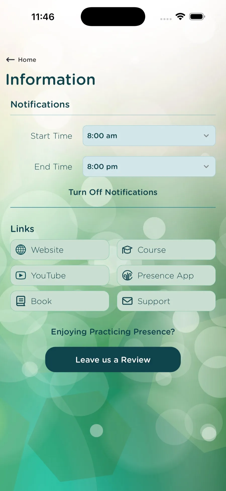 The Information screen with reminder start and end times set to 8:00 am and 8:00 pm