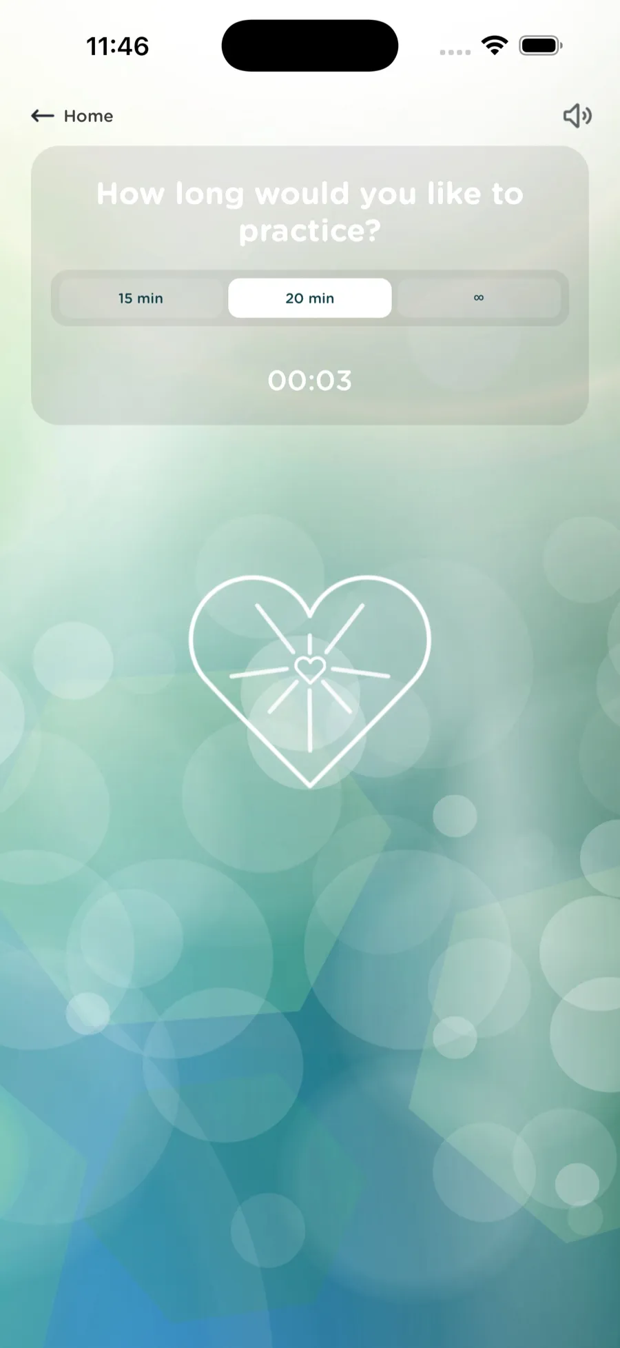 The Morning Practice timer offering 15 minutes, 20 minutes or open-ended, above a line-drawn heart