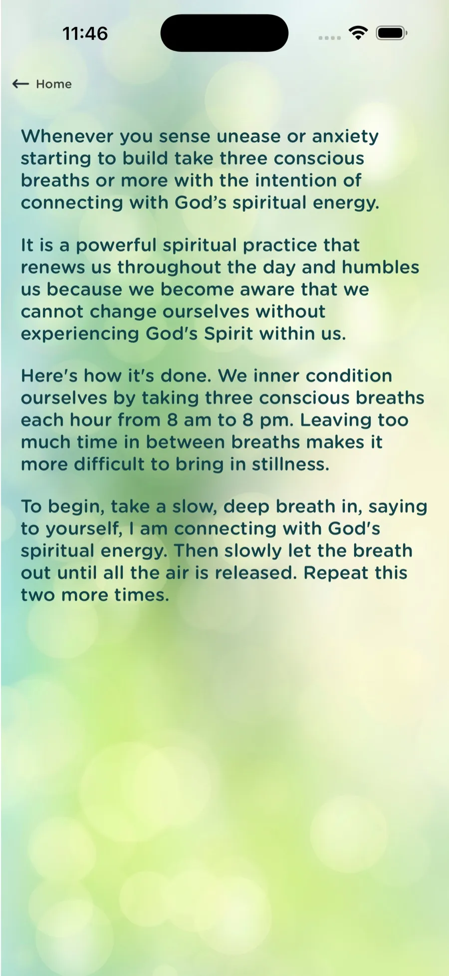 The Three Breaths screen explaining how to take three conscious breaths each hour