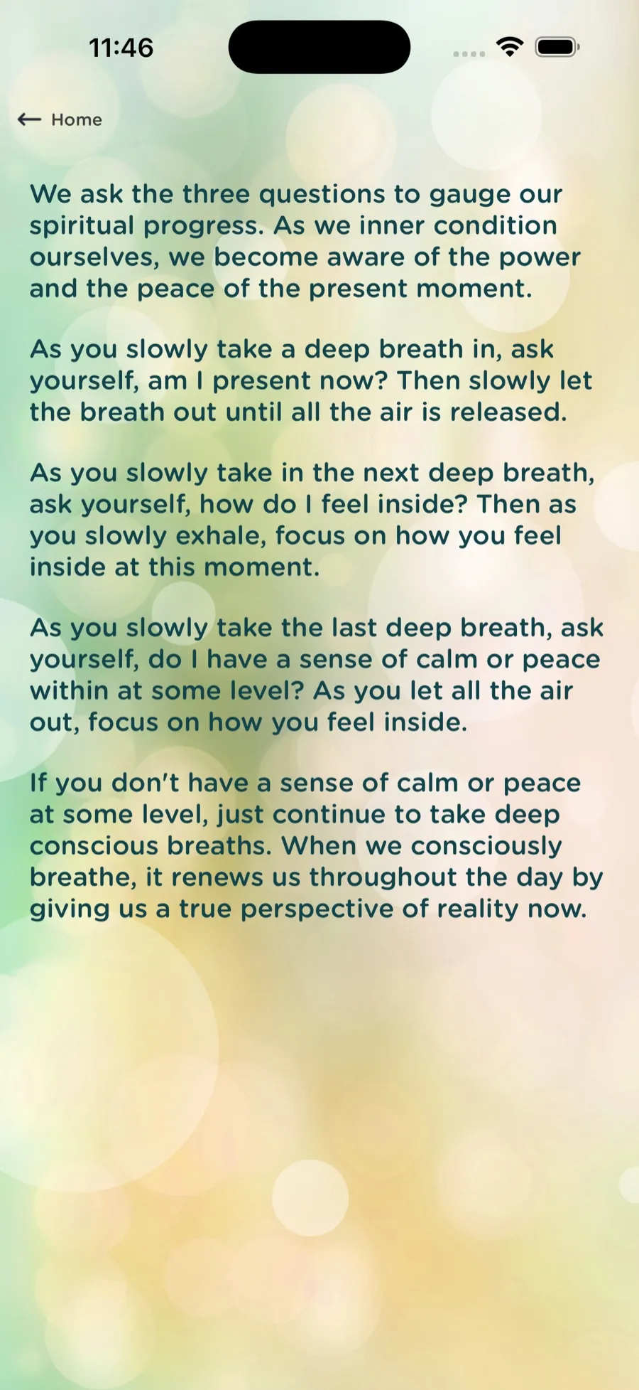 The Three Questions screen listing the three questions asked while breathing