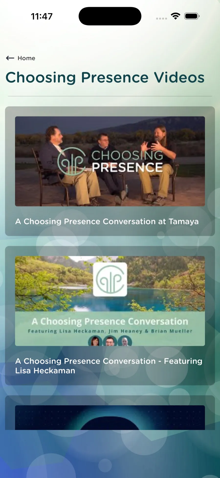 The Choosing Presence Videos library inside the app, showing conversation films