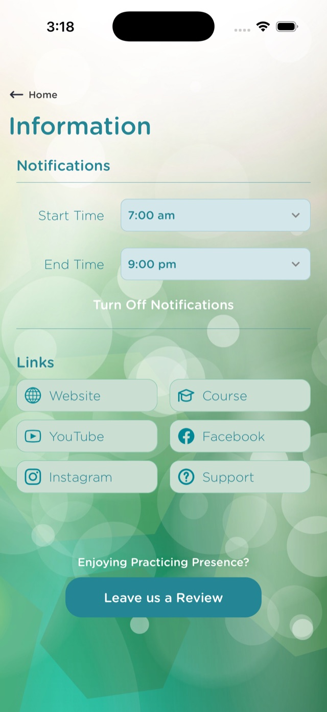 Information screen with notification start and end times and links