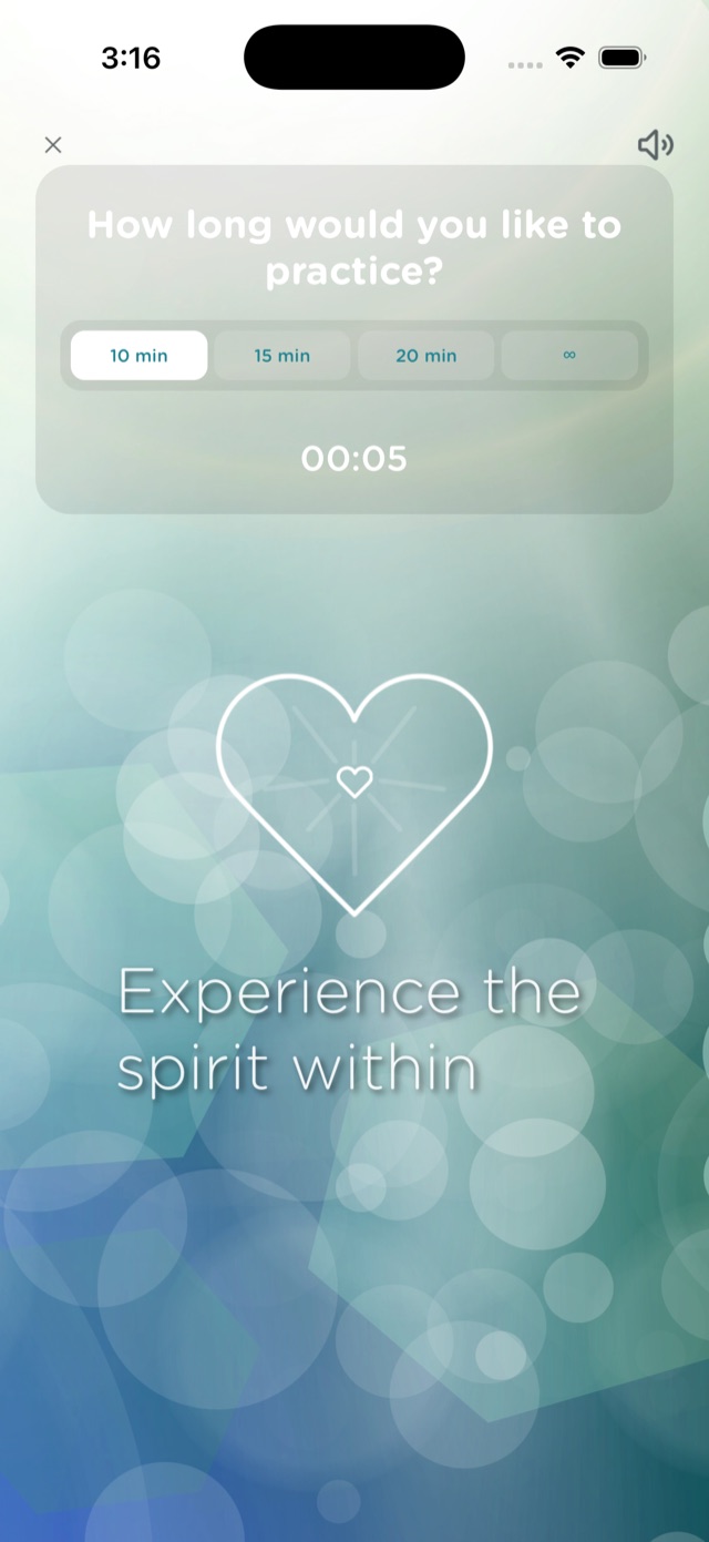 Meditation timer screen with a heart illustration and the words “Experience the spirit within”