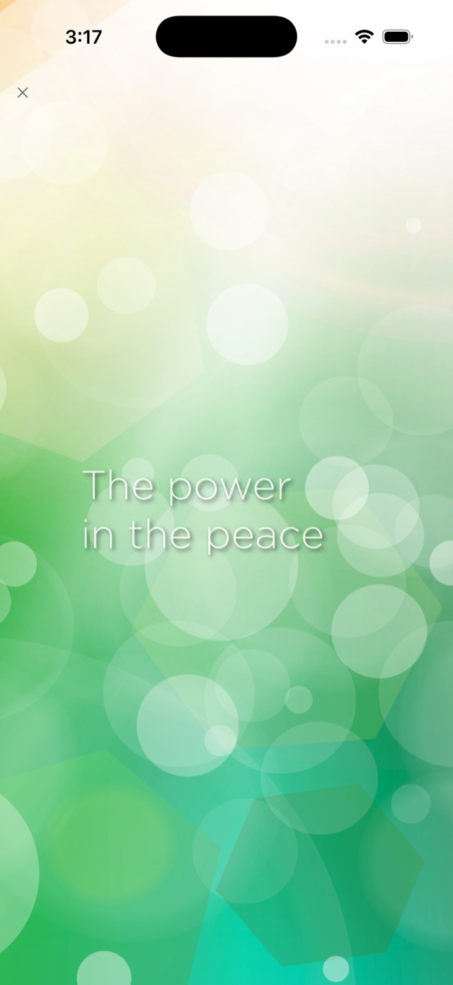 Meditation screen with the words “The power in the peace” over a soft green background